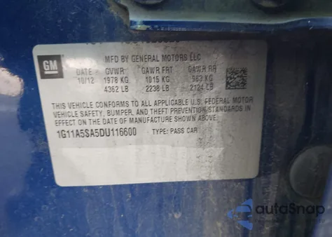 2013 Chevrolet Malibu 1Fl z USA, uszkodzony, nr VIN 1G11A5SA5DU116600